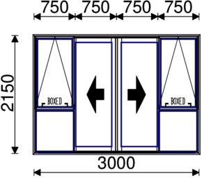 Residential Non-Thermal Double Glazed Bi-Parting Sliding door with Sash on Fixed panels 2150mm (H) x 3000mm (W)
