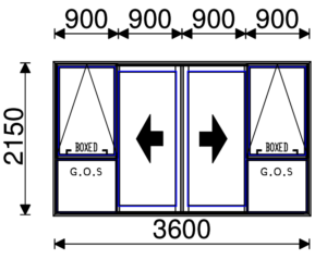 Residential Non-Thermal Double Glazed Bi-Parting Sliding door with Sash on Fixed panels 2150mm (H) x 3600mm (W)