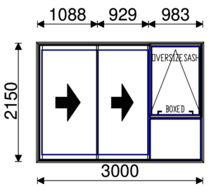 Residential Non-Thermal Double Glazed Duo Sliding door with Sash on Fixed panel 2150mm (H) x 3000mm (W)