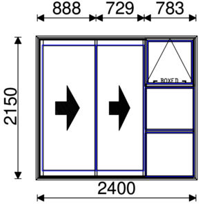 Residential Non-Thermal Double Glazed Duo Sliding door with Sash/fixed/fixed on Fixed panel 2150mm (H) x 2400mm (W)