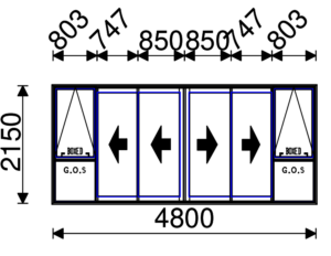 Residential Non-Thermal Double Glazed Duo Bi-Parting Sliding door with Sash on Fixed panels  2150mm (H) x 4800mm (W)